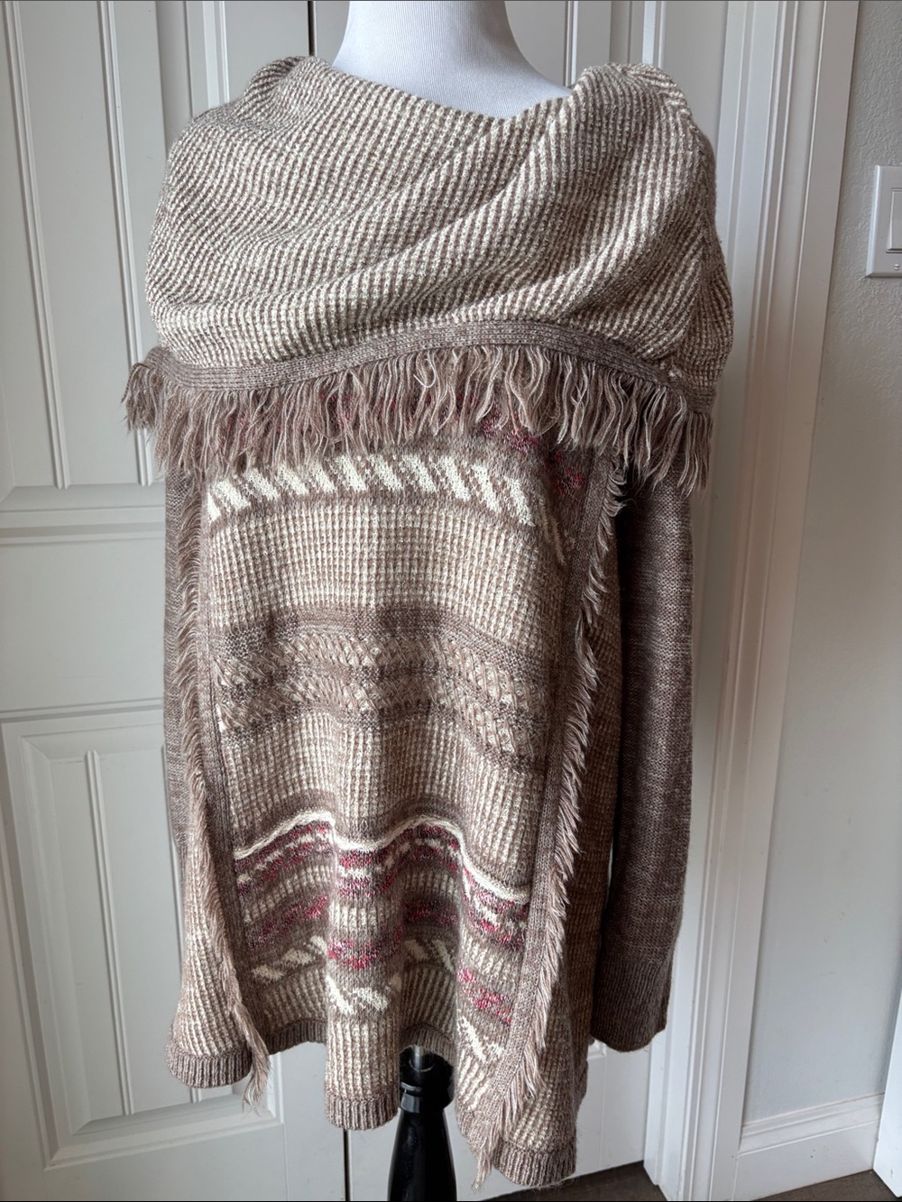 Knox Rose Boho Fringe Cowl Neck Knit Sweater Large